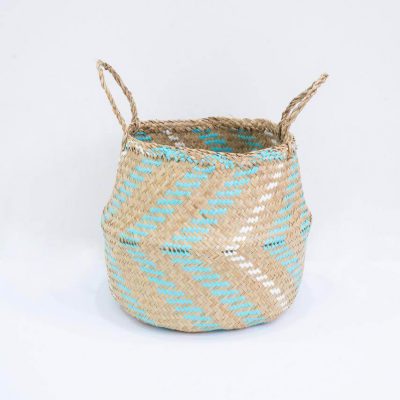 Natural Seagrass Belly Basket - Arrow Turquoise & White Seagrass and Paper.
