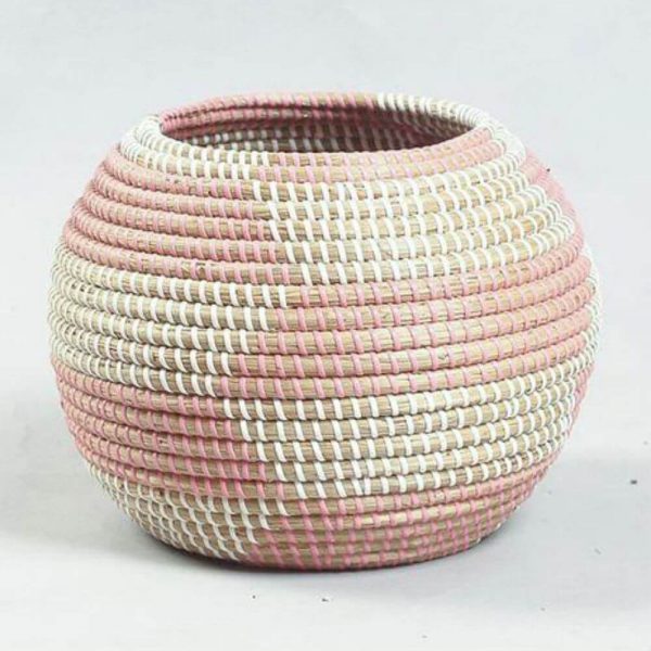 pink white seagrass storage basket plastic string round