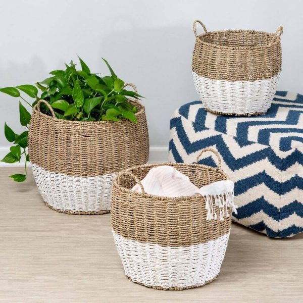 White Dipped Seagrass Nesting Baskets, Set of 3
