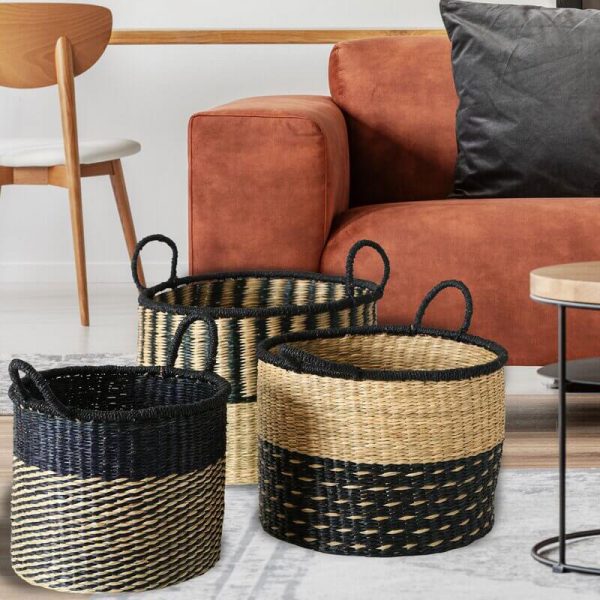 3 Piece Seagrass Basket Set Black and Natural