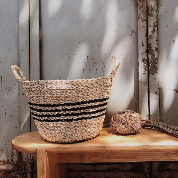 seagrass stripe black dyed palm leave basket