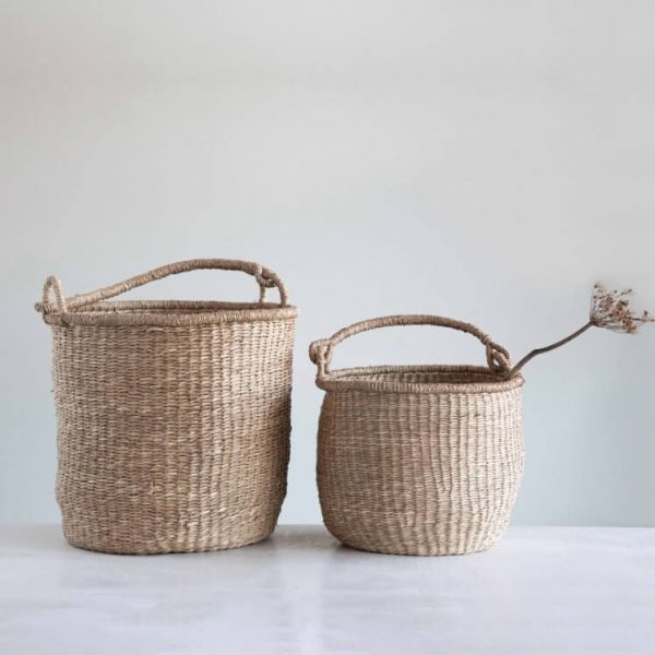 beige woven seagrass baskets