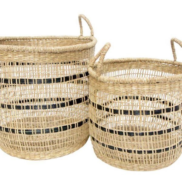 Wholesale beautiful black stripe seagrass open weave storage basket with handles with black dyed seagrass stripe.