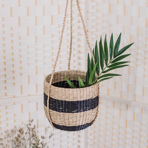 seagrass hanging flower planter pot with black stripe and natural color
