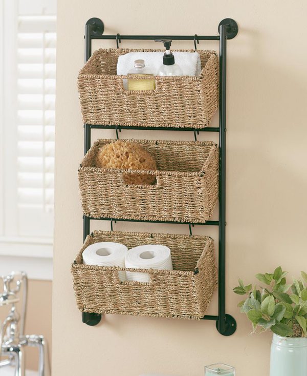 hanging seagrass wall baskets woven onto a strong steel frame, perfect for small items including accessories, bathroom items, etc.