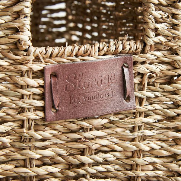 handwoven seagrass rectangular baskets with cut-out handles