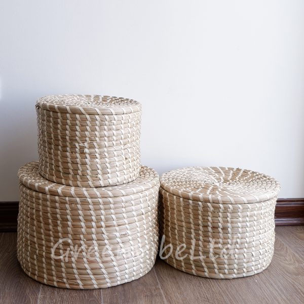 small wicker baskets round simple seagrass baskets with lids - set of 3 handmade with palm leaf and seagrass with coil technique