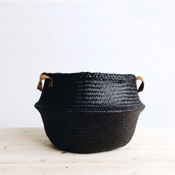 black seagrass belly basket with leather handle