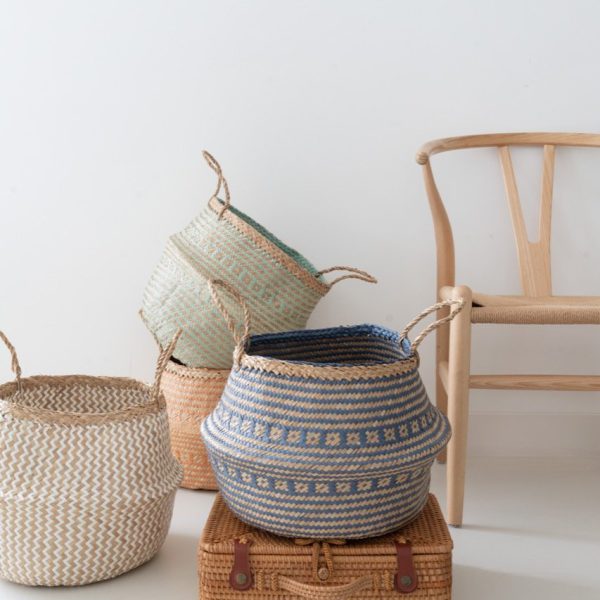 Foldable Seagrass Baskets with Handles, Seagrass Storage Baskets, Woven Straw Basket Planter, Belly Basket Plant Pot