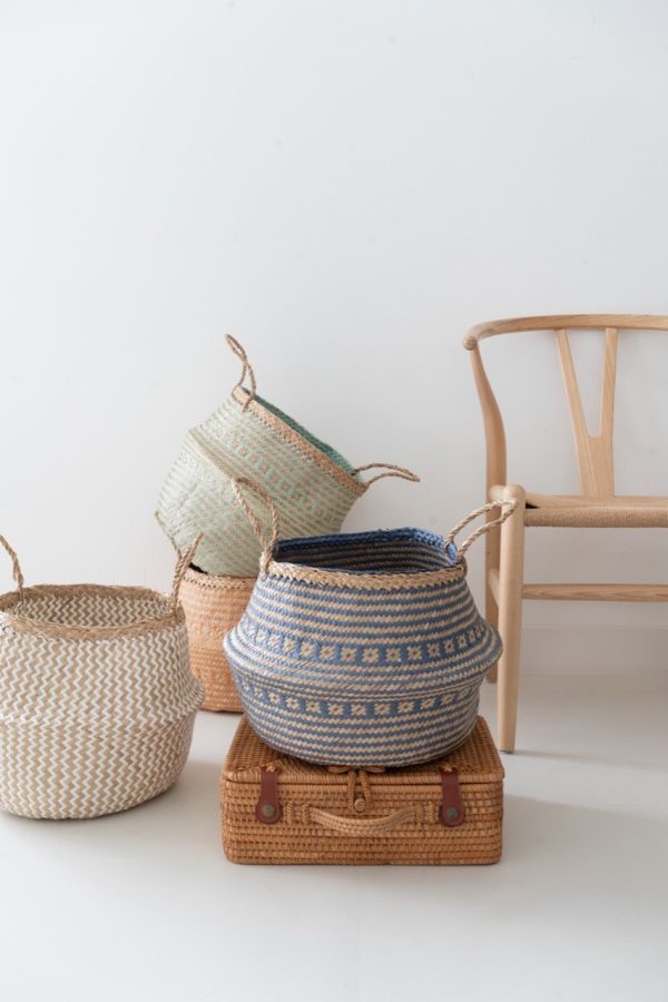 Foldable Seagrass Baskets with Handles, Seagrass Storage Baskets, Woven Straw Basket Planter, Belly Basket Plant Pot