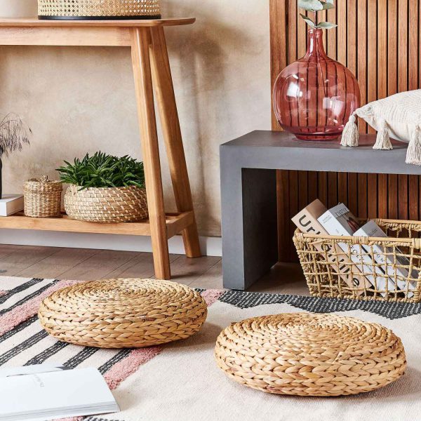 Check out our lovely Low Water Hyacinth Floor Pouf. These natural straw poufs are perfect for decoration and home comfort for your family.