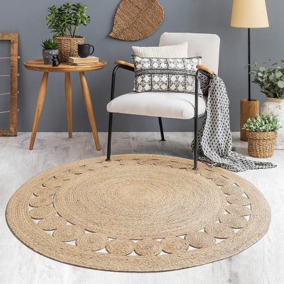 round seagrass rug styling living room