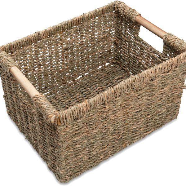 Large Wicker Storage Basket with Wooden Handles, Seagrass Baskets for Shelves, Natural Basket With Handle, Wicker Baskets for Storage