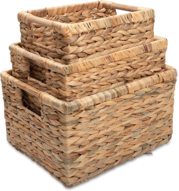 Wicker Basket Rectangular with Wooden Handles for Shelves, Water Hyacinth Basket Storage, Natural Baskets for Organizing, Wicker Baskets for Storage