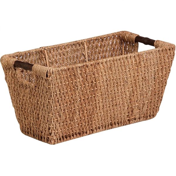 Large Wicker Storage Basket, Seagrass Rectangle Basket with Built-in Handles, Handwoven Rattan Basket for Blanket
