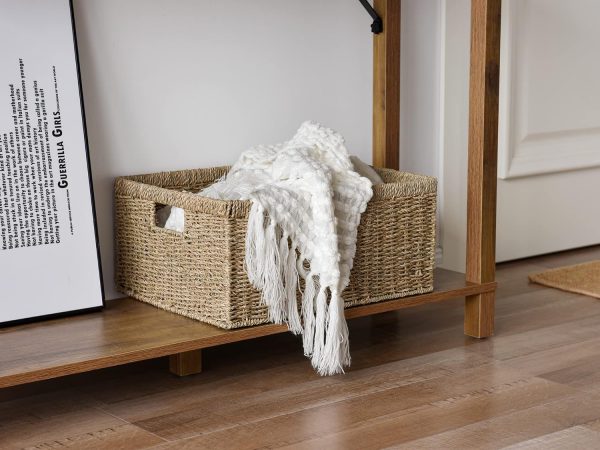 Large Wicker Storage Basket, Seagrass Rectangle Basket with Built-in Handles, Handwoven Rattan Basket for Blanket