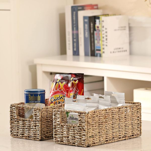 Small Wicker Storage Baskets, Vagusicc Hand-Woven Seagrass Storage Baskets Bins (Set of 2), Toilet Paper Small Wicker Baskets with Handles for Organizing Bathroom Shelves Pantry Organizer, Seagrass