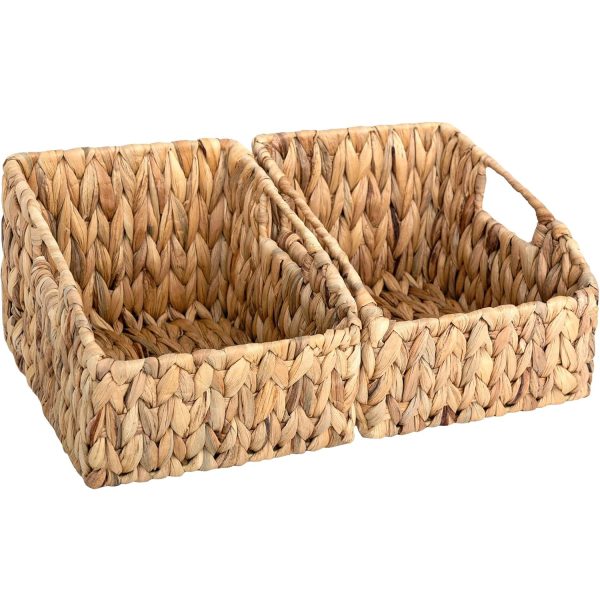 pantry basket Wicker Basket Rectangular with Wooden Handles for Shelves, Water Hyacinth Basket Storage, Natural Baskets for Organizing, Wicker Baskets for Storage