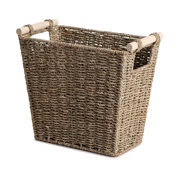 Seagrass Waste Basket for Living Room, Wicker Trash Can with Wooden Handles for Bedroom, Bathroom Trash Can