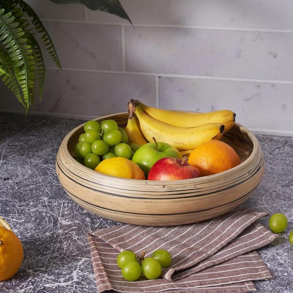 Bamboo Fruit Bowl for Kitchen Counter, 12 Inch Large & Round, Artisan Lacquered Wooden Fruit Bowl or Candy Bowl, Handcrafted Bamboo Fruit Basket for Kitchen & Home Decor