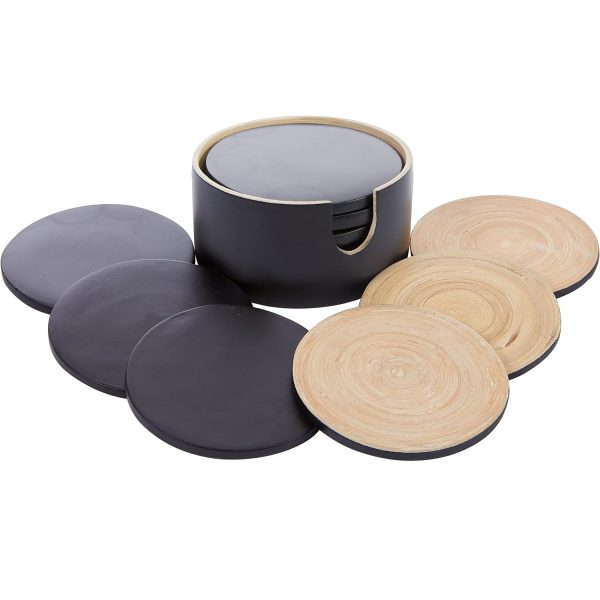 Spun Bamboo Coasters for Drinks - Coaster Set with Bamboo Wood Coasters and Coaster Holder. Modern Coasters for Coffee Table