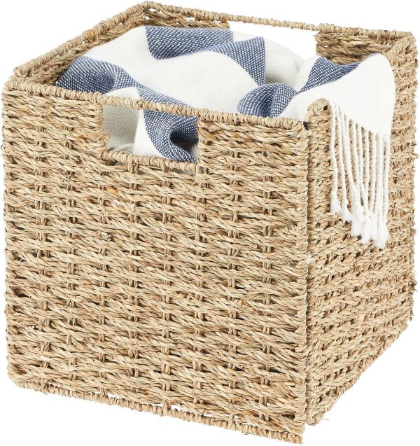 Seagrass Woven Cube Basket Organizer with Handles - Storage for Bedroom, Office, Living Room, Bathroom, Perfect for Cubby Storage Units