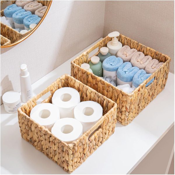 Handmade Wicker Basket, Recyclable Natural Water Hyacinth Storage Baskets with Handles, 2 Pack Wicker Storage Basket for Shelves