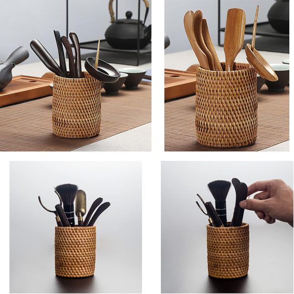 Wicker Pencil Holder, Natural Woven Rattan Makeup Brush Holder, Handmade Office Storage Cups Rustic Kitchen Utensil Caddy for Silverware Cutlery, Stationery, Cosmetics, Table Decor