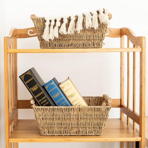 Handmade Woven Wicker Storage Baskets, 2-Pack, Seagrass Shelf Baskets for Organizing & Sorting, Toilet Paper Towel Holder Basket with Wooden Handles, Iron frame,