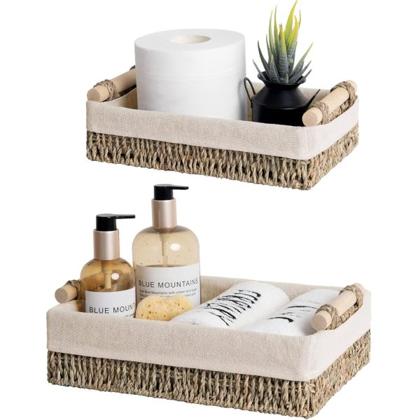 Toilet Paper Storage Baskets for Organizing, Handwoven Seagrass Bathroom Basket Organizer, Toilet Tank Baskets with Wooden Handles, Decorative Basket with Natural Fiber Liner