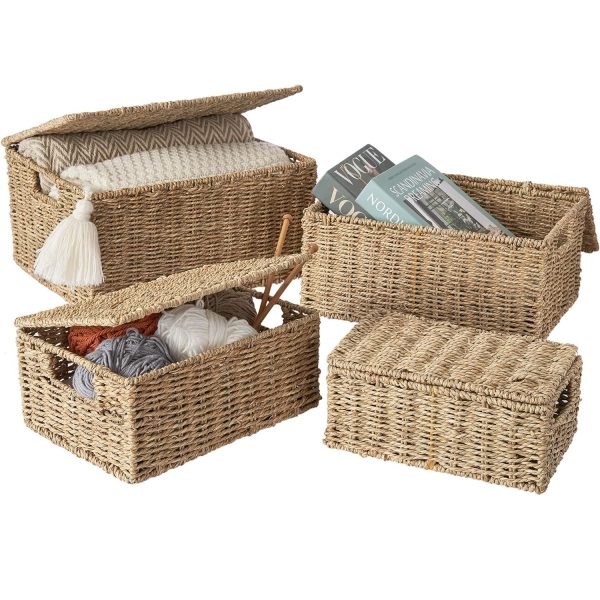 Wicker Storage Basket - Set of 3 Woven Seagrass Baskets with Lid and Handle for Organizing, Large Rectangular Natural Nesting Storage Bins for Bedroom, Bathroom, Laundry Room