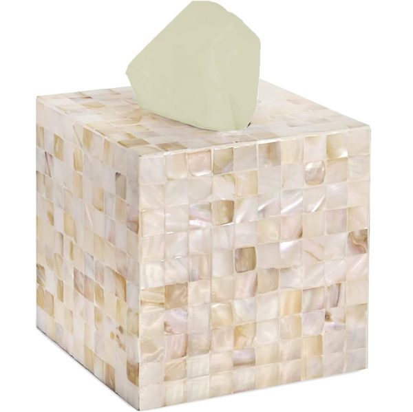 Tissue Box Cover - Mosaic Mother of Pearl Inlay Cube - Napkin Holder Square - Toilet Paper Storage - Decorative Organizer for Bathroom Vanity Countertop, Night Stands