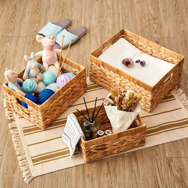 Natural Water Hyacinth Wicker Baskets, Environmental Friendly Natural Storage Organizer Nesting Boxes with Handle