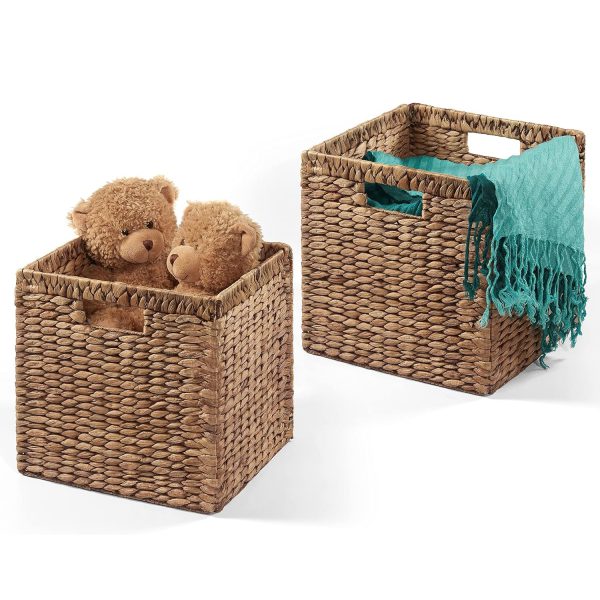Woven Baskets for Storage (Set of 2) Natural Wicker Hyacinth Storage Basket with Firm Built-in Handles, Multifunction Handwoven Basket for Organizing