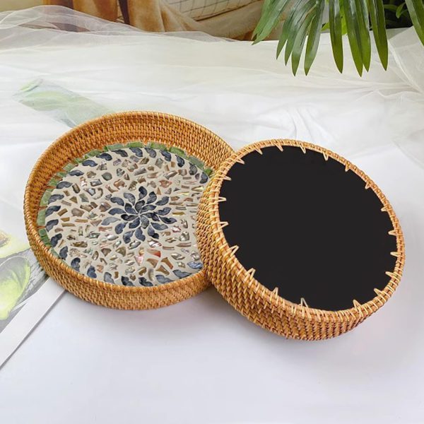 Round Rattan Serving Tray with Mother of Pearl Inlay | Hand Woven Mosaic Tray with Wood Base for Coffee Table | Decorative Wicker Lacquer Tray Food Basket