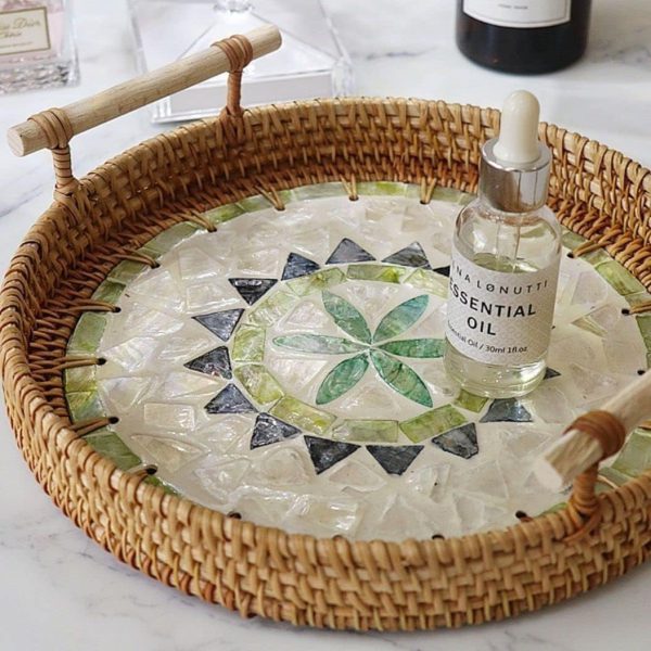 Round Rattan Wicker Tray with Mother of Pearl Inlay Wooden Handle for Fruit Serving, Coffee Table Tray, Vanity Tray Organizer for Kitchen, Storage and Display