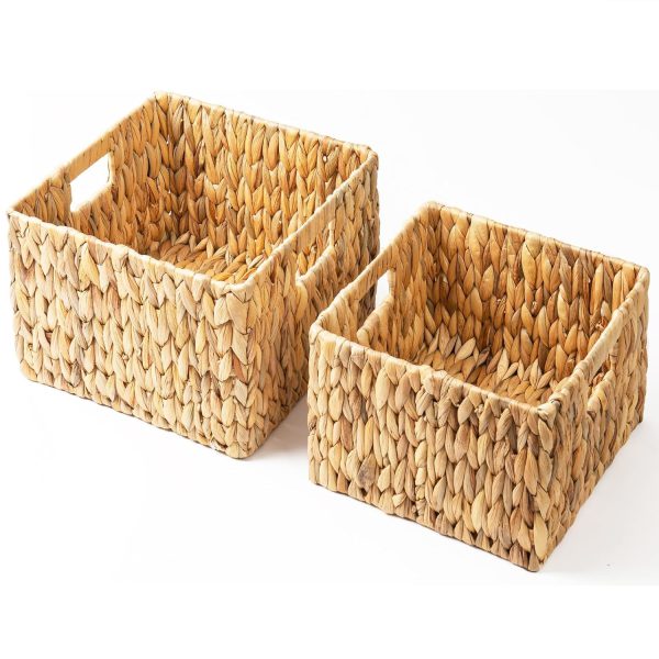 Handmade Wicker Basket, Recyclable Natural Water Hyacinth Storage Baskets with Handles, 2 Pack Wicker Storage Basket for Shelves
