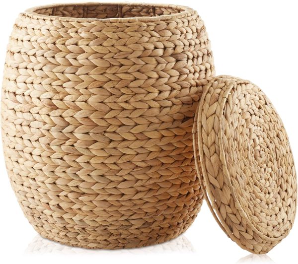 Round Storage Basket with Lid - Natural, Handwoven Water Hyacinth Organizer for Laundry, Blankets, Plants, Bedroom, Living Room, Home Office