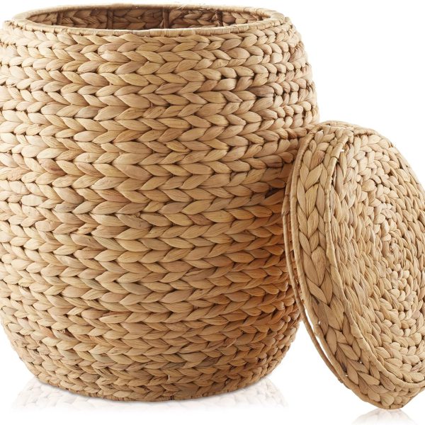Round Storage Basket with Lid - Natural, Handwoven Water Hyacinth Organizer for Laundry, Blankets, Plants, Bedroom, Living Room, Home Office