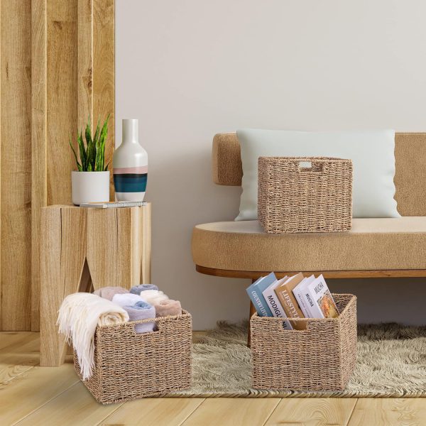 Seagrass Storage Baskets, 12X12X10in Cube Wicker Storage Basket for Shelves, Pantry Baskets Organization and Storage, Kitchen Storage Baskets, Bathroom Shelves Storage Basket, Basket Set of 3