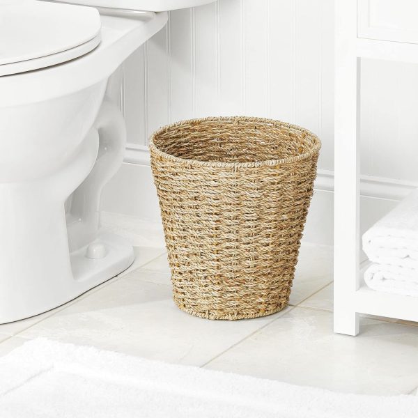 Seagrass Waste Basket Boho Double Woven Trash Can - Small Round Natural Wastebasket Garbage Bin for Bathroom Essentials - Natural Finish