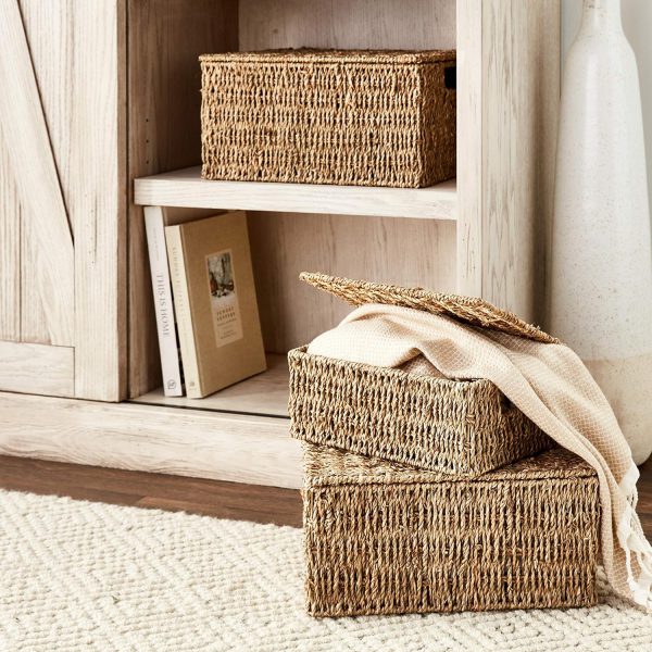 Set of 3 Rectangular Seagrass Baskets with Lids