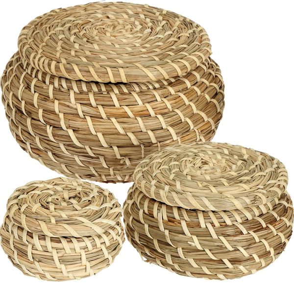Set of 3 Small Wicker Basket with Lid, Round Woven Seagrass Baskets, Little Handmade Rattan Storage Basket Box for Shelf, Home, Bathroom Decor