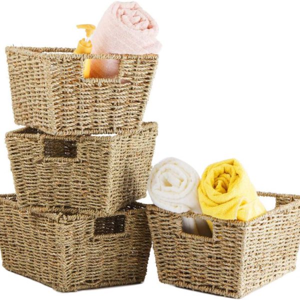 Seagrass Storage Baskets | Handwoven with Insert Handles | Laundry Organizer Totes for Home and Bathroom Organization