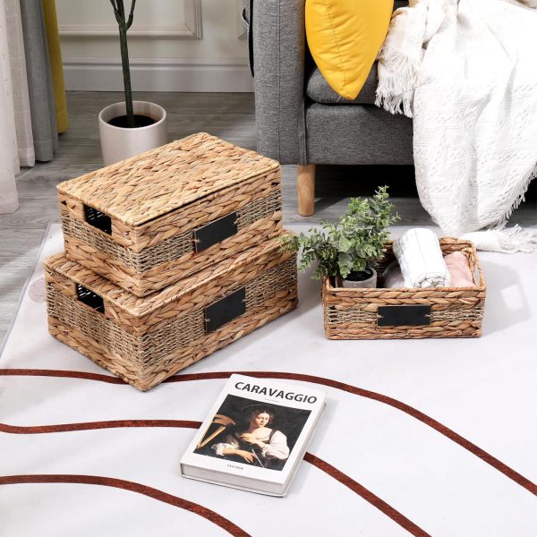Storage Baskets Hand-Woven Rectangular Seagrass Cube Storage Bins for Bedroom, Living Room, Nursery Room-Storage Cubes with Lids&Letter Boards