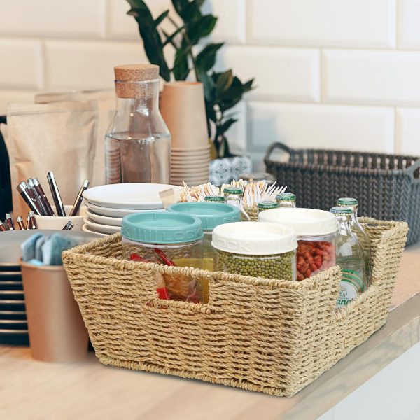 Weave Pantry Baskets Organization and Storage, Open Front Storage Bins for Organizing Kitchen Snack, Hand Woven Large Seagrass Wicker Organizer