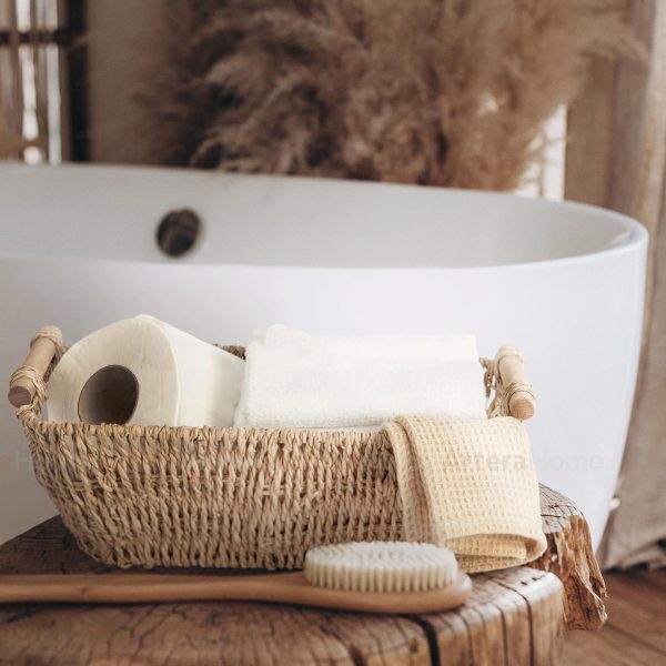 Small Wicker Basket for Bathroom - Woven Seagrass Basket with Wooden Handles for Towels, Wash Cloth,Toilet Paper, Toiletries