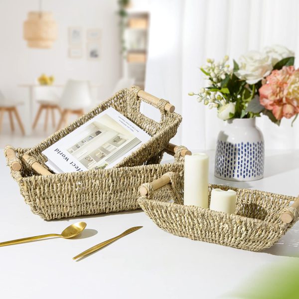 Wicker Baskets for Storage, Wicker Storage Basket, Seagrass Storage Baskets with Wooden Handles