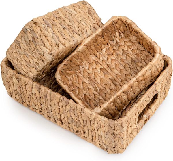 Natural Storage Baskets for Organizing, Wicker Cubby Storage Bins, Water Hyacinth Storage Baskets, Rope Woven Baskets for Storage with Carrying Handles Decor