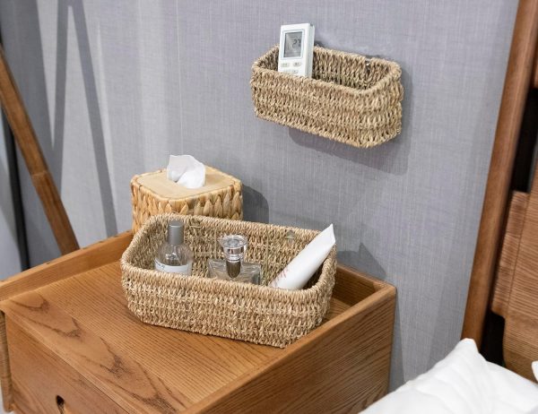 oven Hanging Wall Basket for Storage, Seagrass Woven Wall Mount Organizer Baskets, Wicker Wall Shelves for Storage, Hole-Free Remote Control Holder